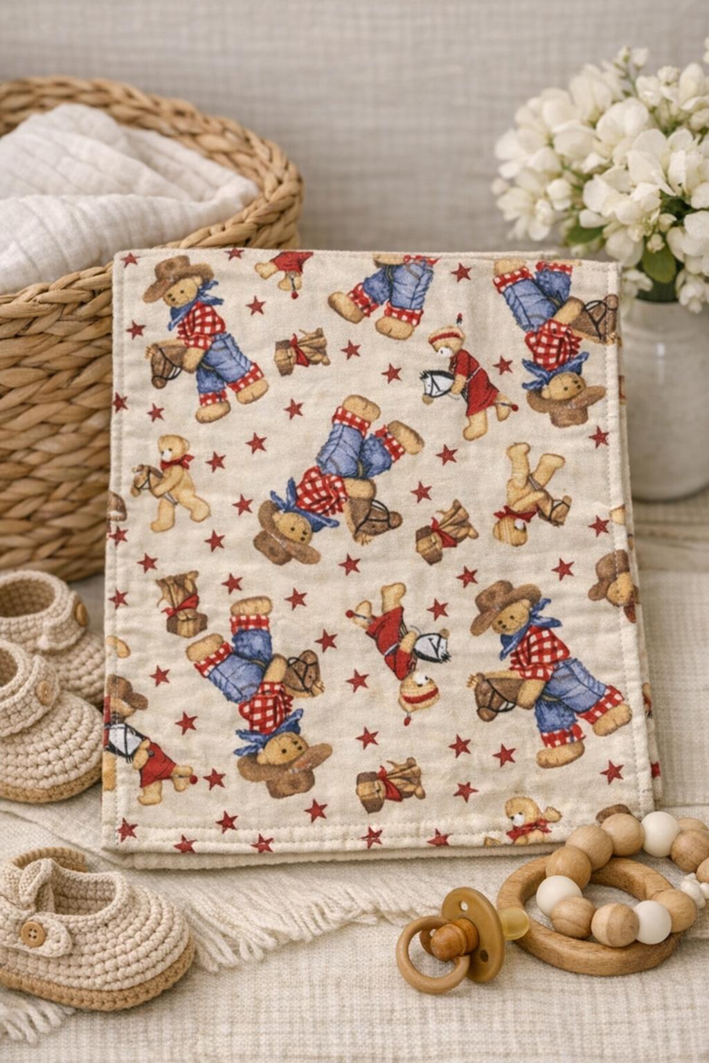 Boutique Burp Cloth – Cowboy Teddy Bears – Handmade & Reversible