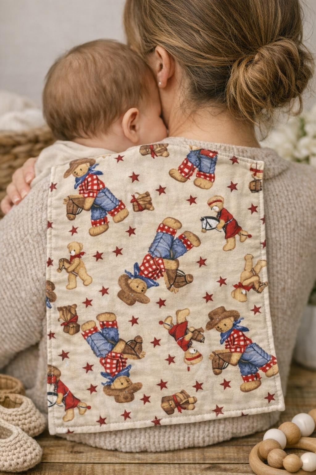 Boutique Burp Cloth – Cowboy Teddy Bears – Handmade & Reversible