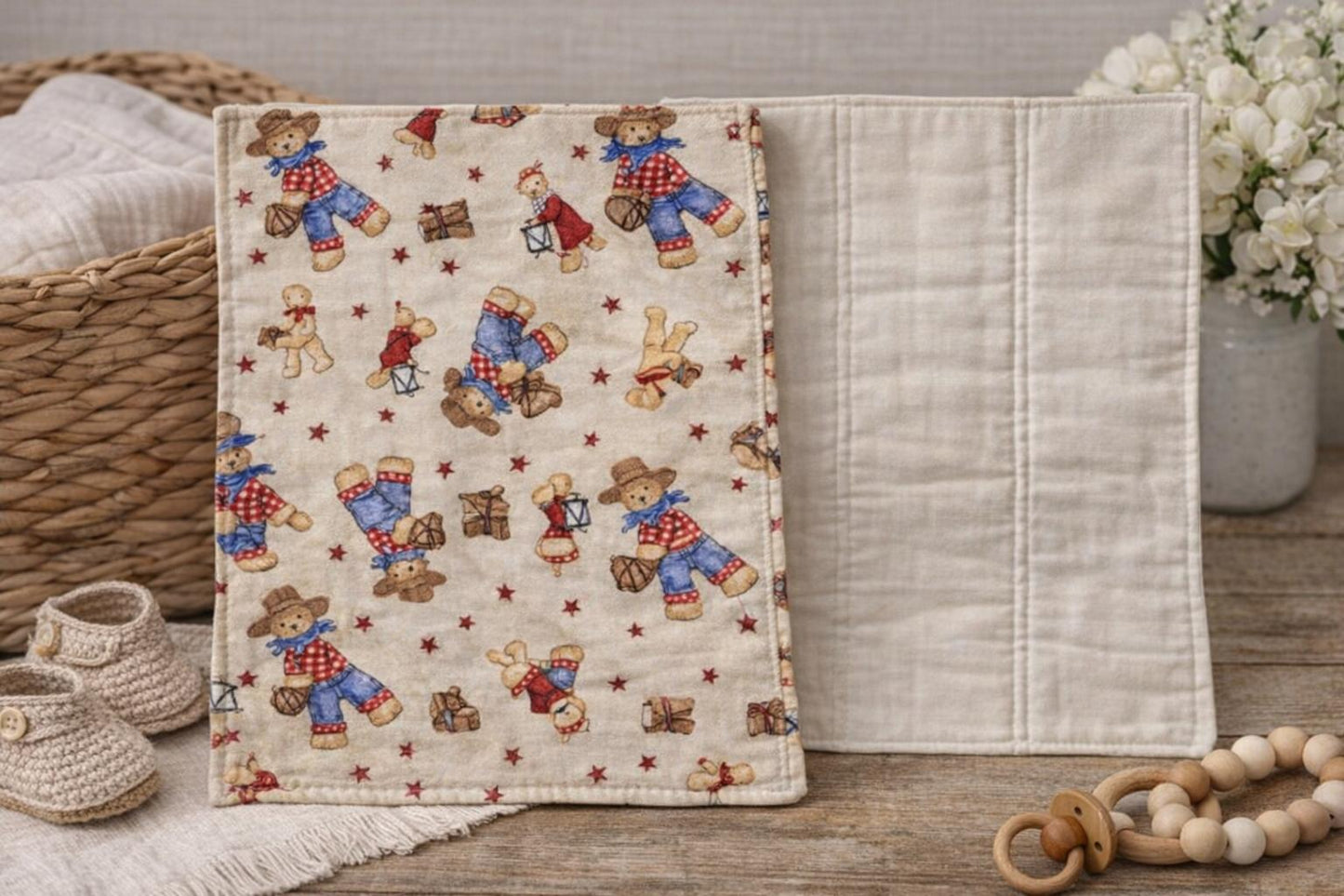 Boutique Burp Cloth – Cowboy Teddy Bears – Handmade & Reversible